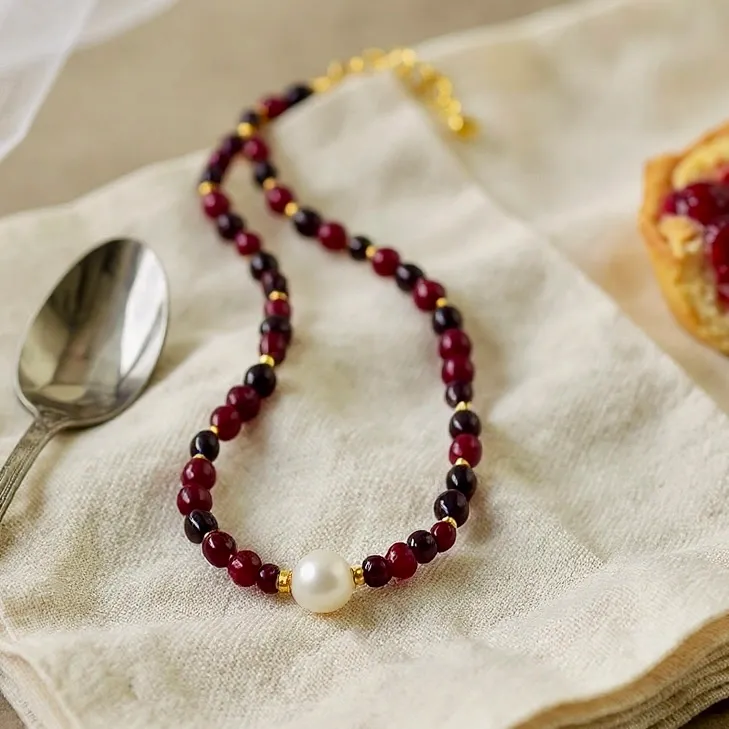 Garnet, Pearl & Gold Beaded Necklace
