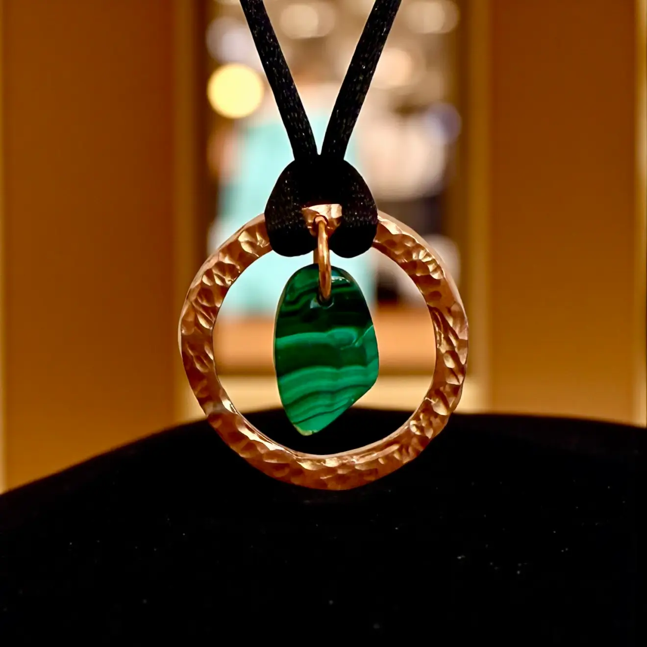Malachite & Hammered Copper Circle Pendant Necklace