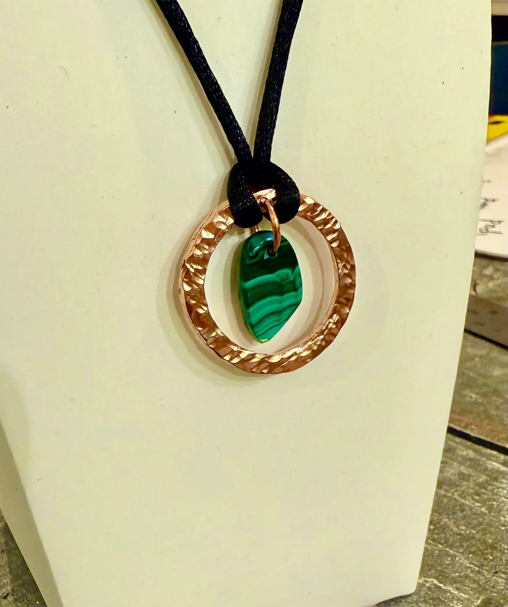 Malachite & Hammered Copper Circle Pendant Necklace view 2