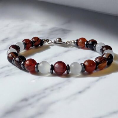 Striped Red Agate, Selenite, and Hematite Grounding Bracelet